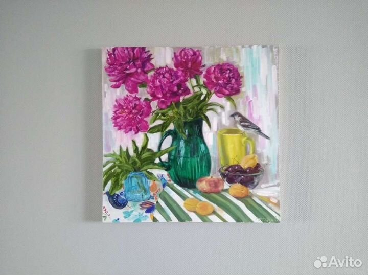 Картина с пионами и птичкой, натюрморт маслом лето