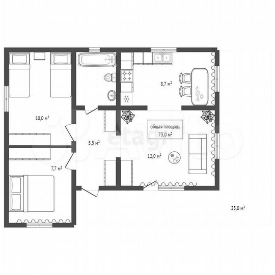 Дом 73 м² на участке 6 сот.