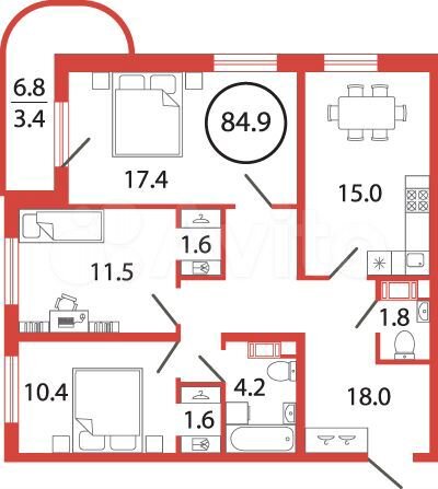3-к. квартира, 84,9 м², 8/12 эт.