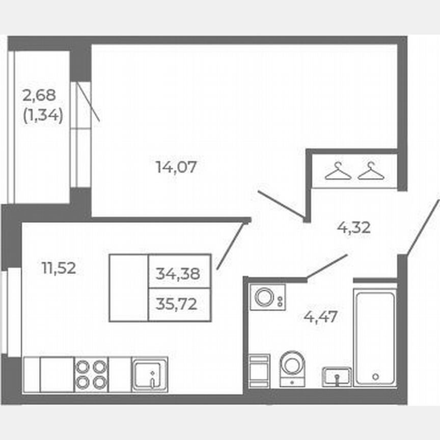 1-к. квартира, 34,4 м², 4/4 эт.