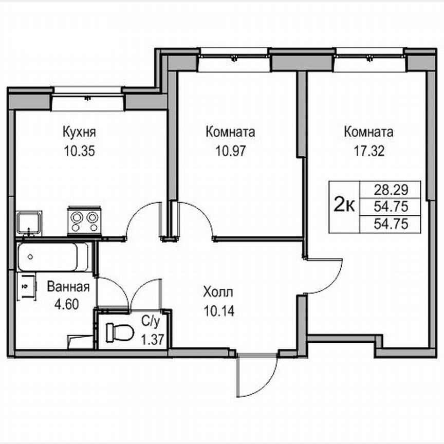 2-к. квартира, 54,5 м², 1/24 эт.
