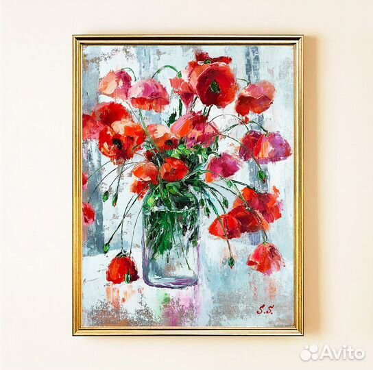 Картина маслом маки на холсте цветы букет с маками