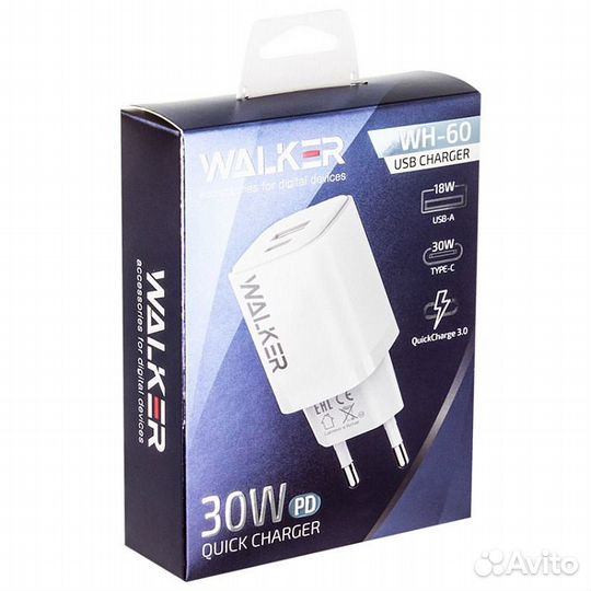 Сзу walker USBx1/Type-Cx1 QC 3.0+PD 30Вт (белый)