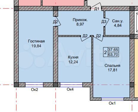 2-к. квартира, 63,7 м², 2/8 эт.