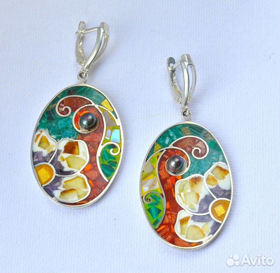 Серьги кольцо с эмалью, мозаика ручная работа