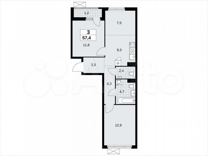 3-к. квартира, 57,4 м², 9/14 эт.