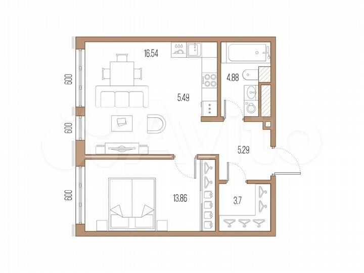 1-к. квартира, 49,8 м², 6/9 эт.