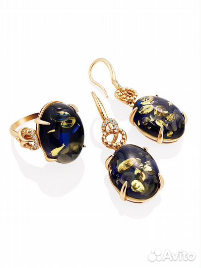 Позолоченное Кольцо с Натуральным Синим Янтарем