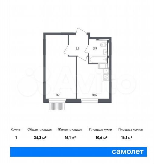 1-к. квартира, 34,3 м², 17/17 эт.