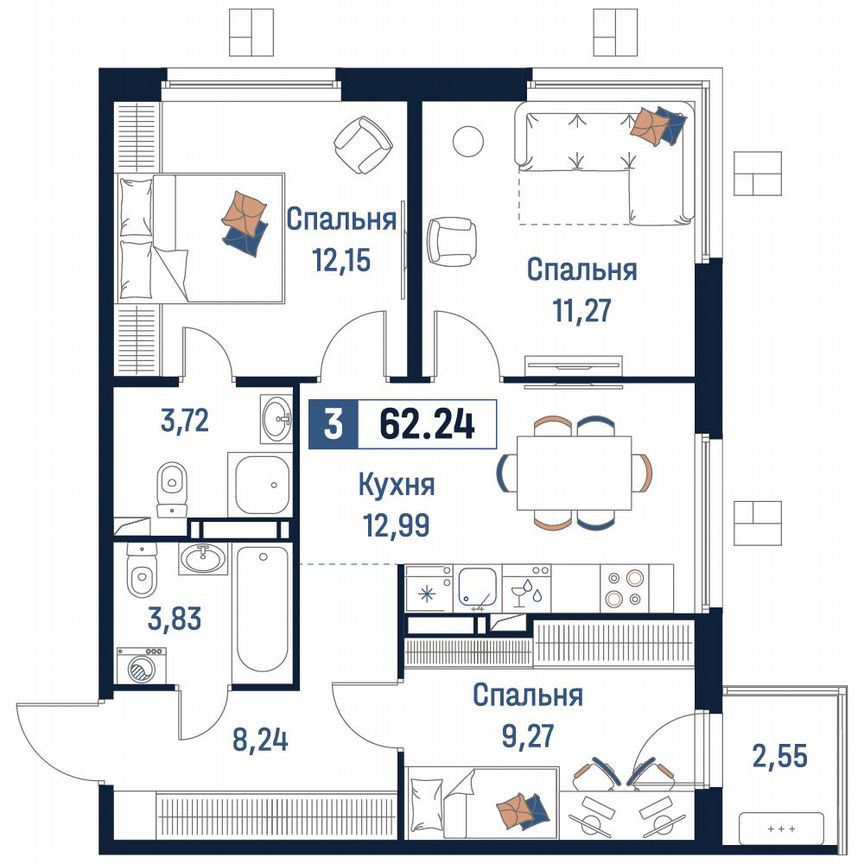 3-к. квартира, 62,2 м², 17/18 эт.