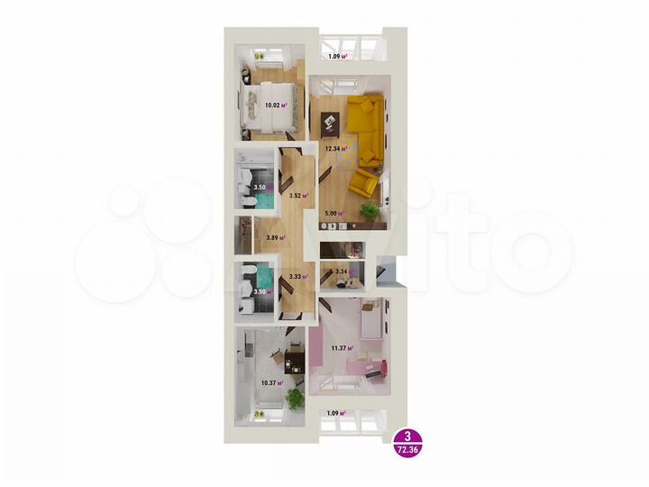 3-к. квартира, 72,4 м², 1/7 эт.