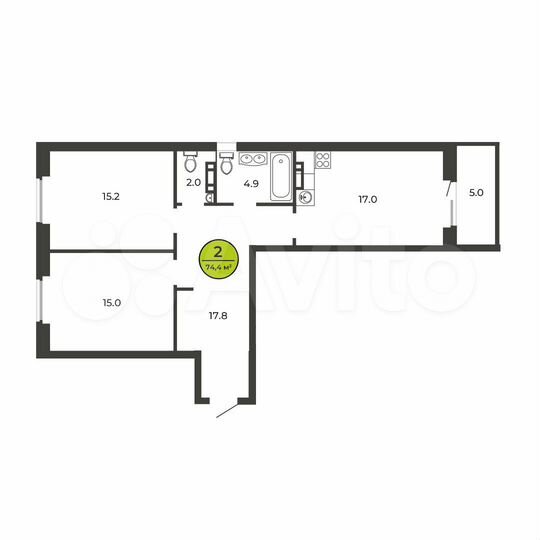 2-к. квартира, 74,4 м², 8/9 эт.