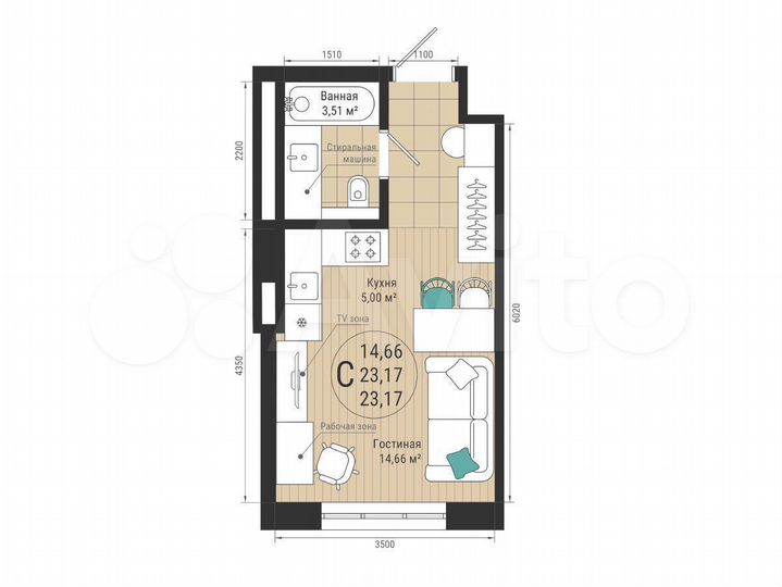 Квартира-студия, 23,2 м², 11/27 эт.