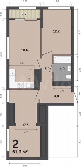 2-к. квартира, 61,3 м², 30/32 эт.