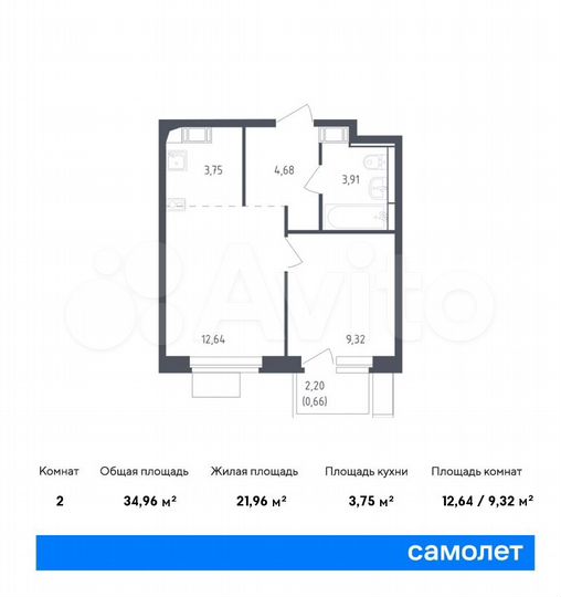 2-к. квартира, 35 м², 4/12 эт.