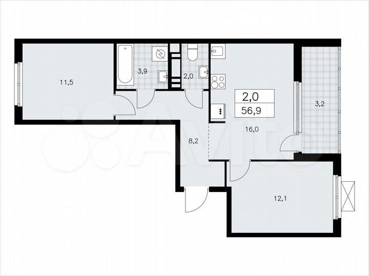 2-к. квартира, 56,9 м², 9/11 эт.