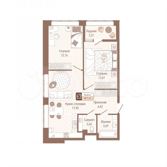 2-к. квартира, 58,7 м², 1/14 эт.