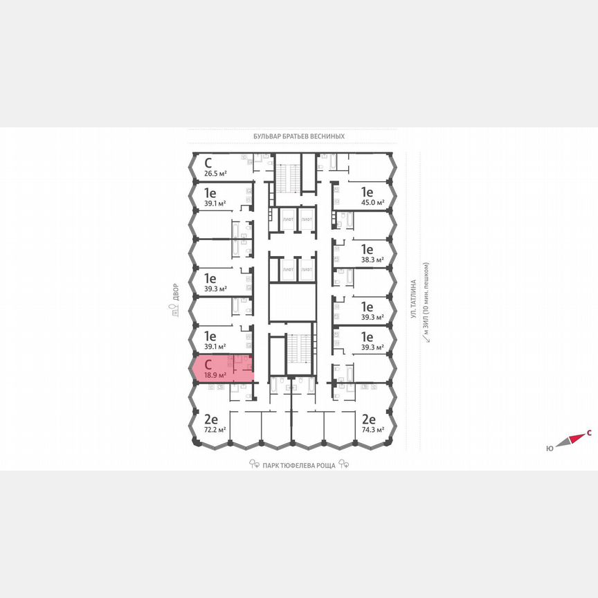 Квартира-студия, 18,9 м², 42/43 эт.