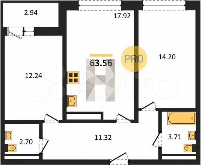 2-к. квартира, 63,6 м², 21/25 эт.