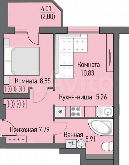 2-к. квартира, 42,7 м², 4/16 эт.