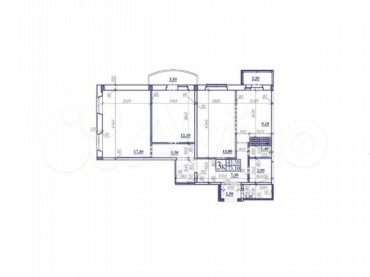 3-к. квартира, 73,1 м², 12/16 эт.