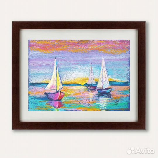 Картина акварелью пастелью пейзаж парусник горы