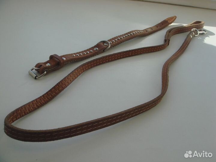 Ошейник с поводком из натуральной кожи