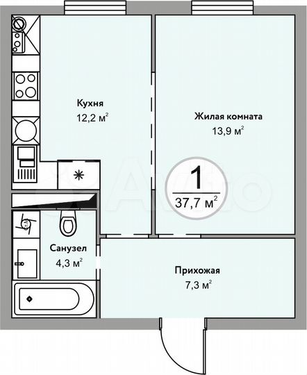 1-к. квартира, 37,7 м², 2/5 эт.