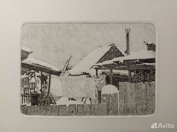 Офорт. Картина. Зимний пейзаж