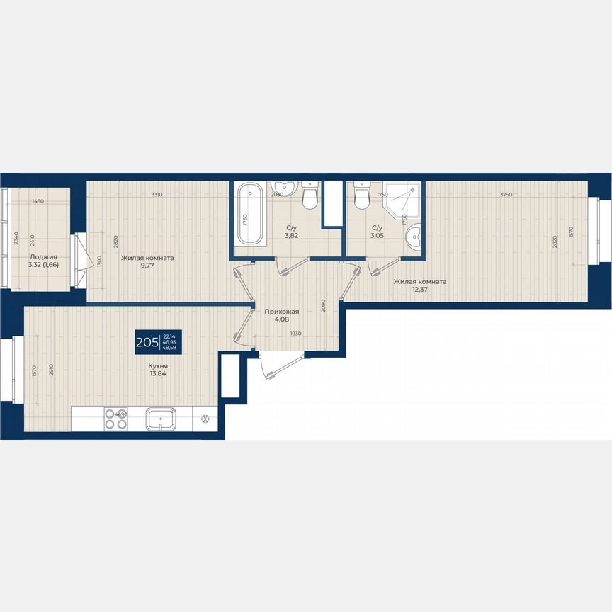 2-к. квартира, 48,6 м², 12/12 эт.