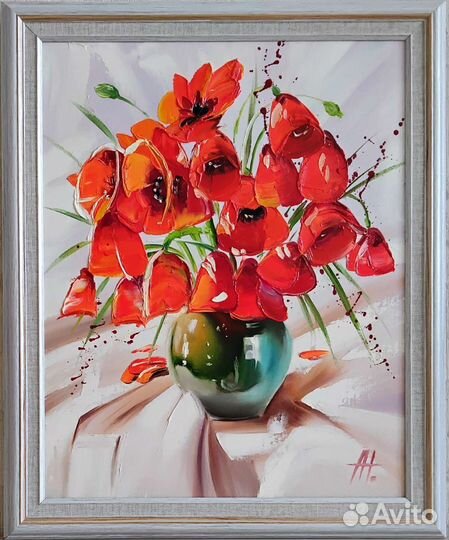 Картина холст масло 48*58 маки цветы букет