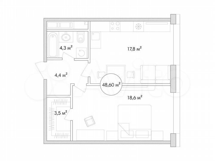 1-к. квартира, 48,6 м², 16/22 эт.