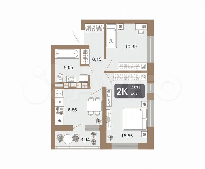 2-к. квартира, 49,7 м², 15/22 эт.
