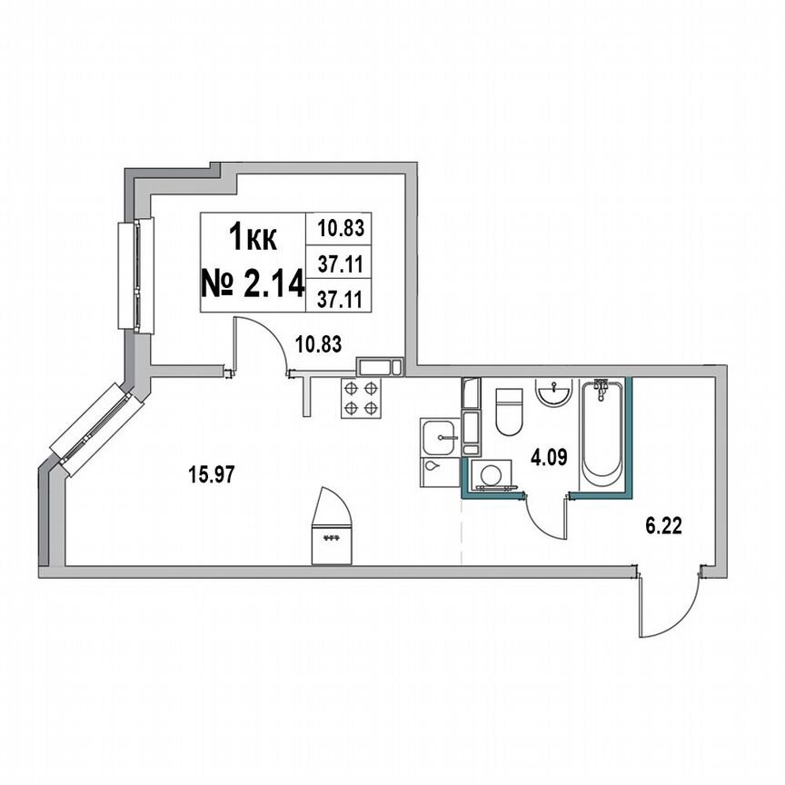 1-к. квартира, 37,1 м², 2/7 эт.