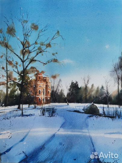 Картина акварель зимний пейзаж Царское село