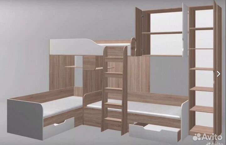 Кровать детская для троих детей со шкафом Сонома/О