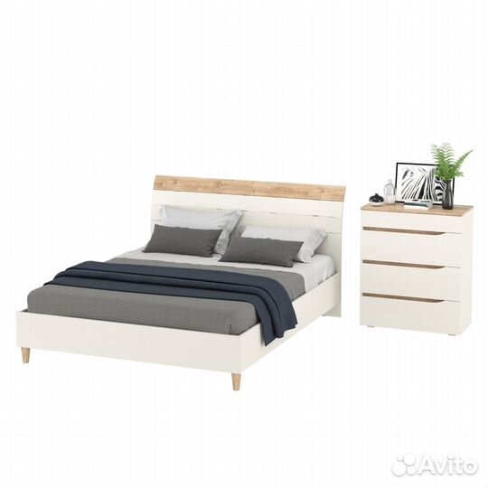 Комод четыре ящика Муссон и кровать со спальным местом 1600х200 белый/дуб эндгрейн элегантный