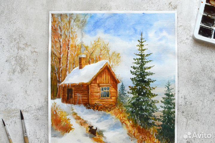 Картина Домик лесника акварель лес природа деревья