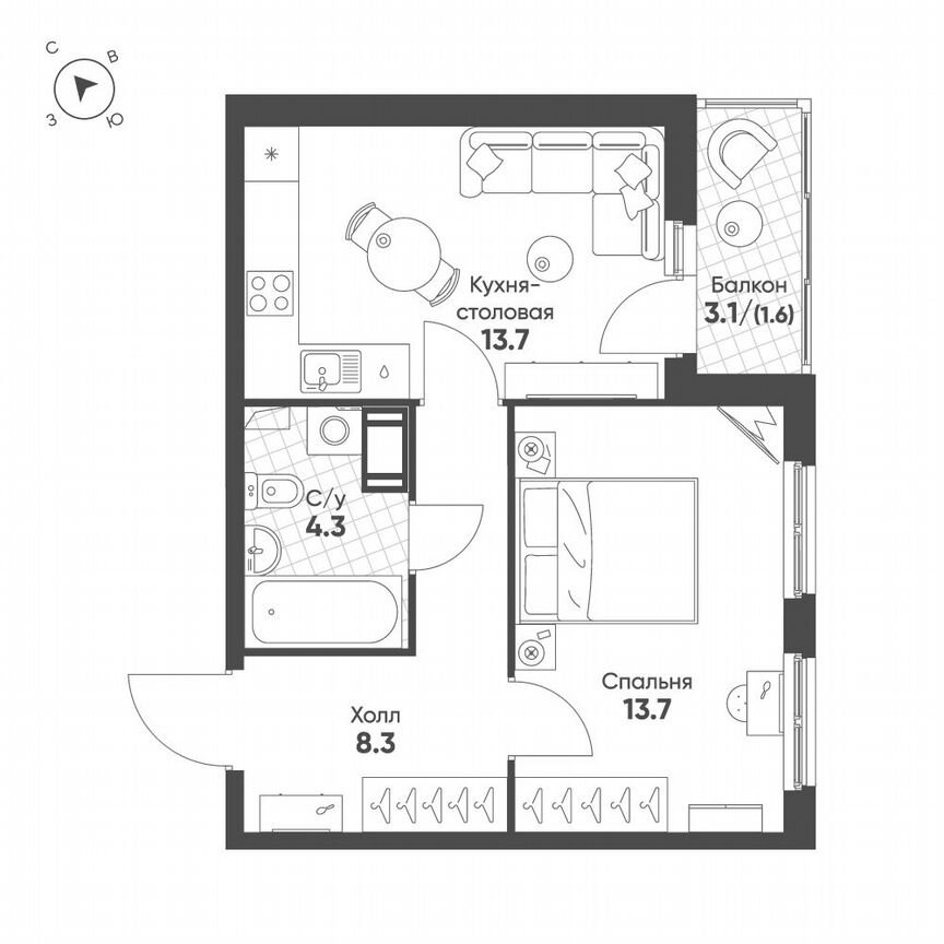 1-к. квартира, 41,6 м², 9/13 эт.