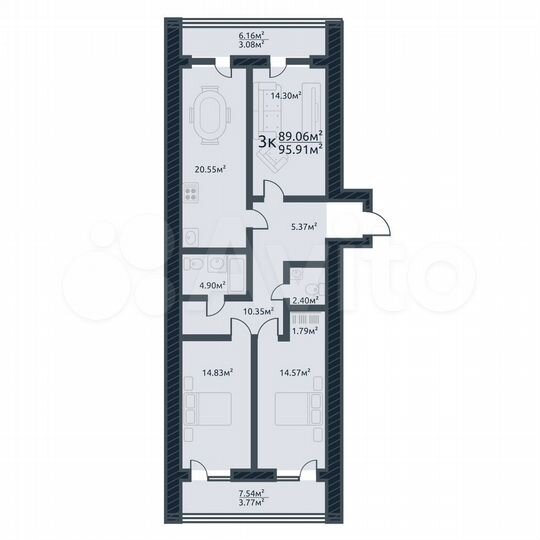 3-к. квартира, 95,9 м², 3/10 эт.