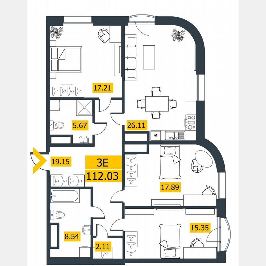 3-к. квартира, 112,4 м², 4/9 эт.