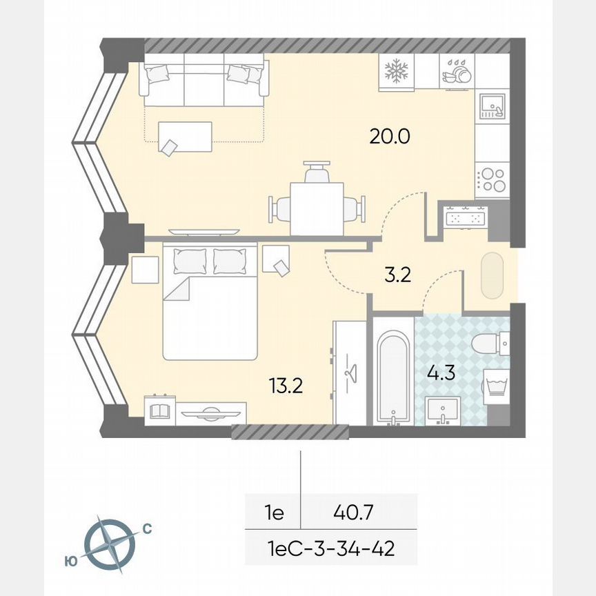 1-к. квартира, 40,7 м², 34/43 эт.