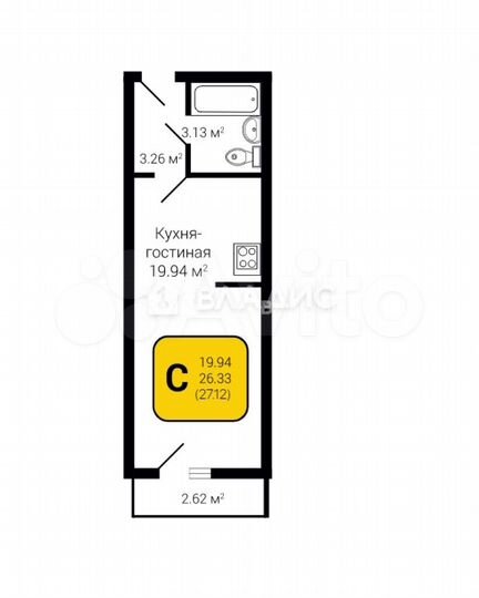 Квартира-студия, 27,1 м², 5/27 эт.