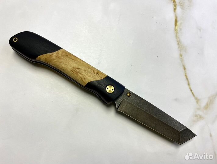 Складной нож Кунашир, дамасская сталь, карельская