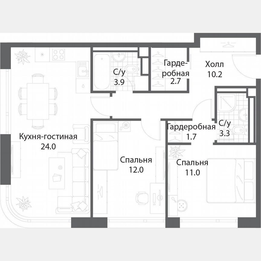 2-к. квартира, 68,6 м², 34/35 эт.