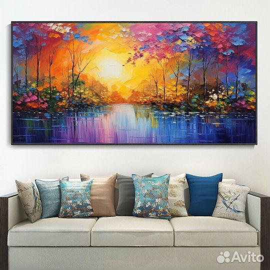 Текстурная картина маслом закат над лесом