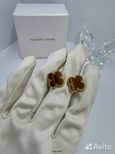 Золотые серьги Van Cleef тигровый глаз