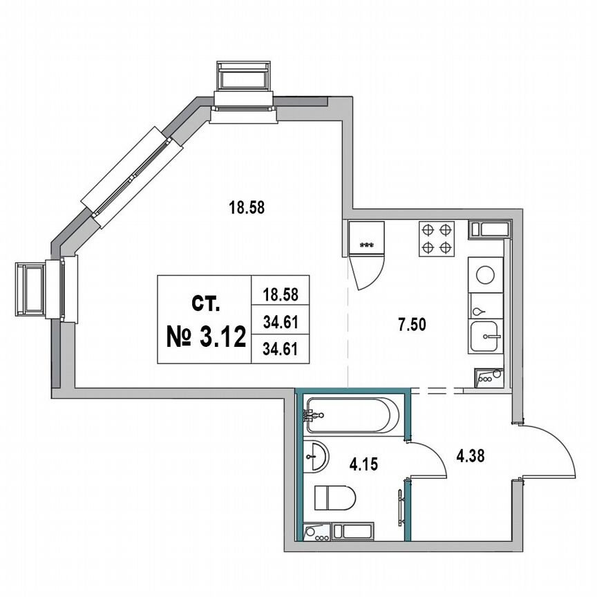 Квартира-студия, 34,6 м², 3/7 эт.
