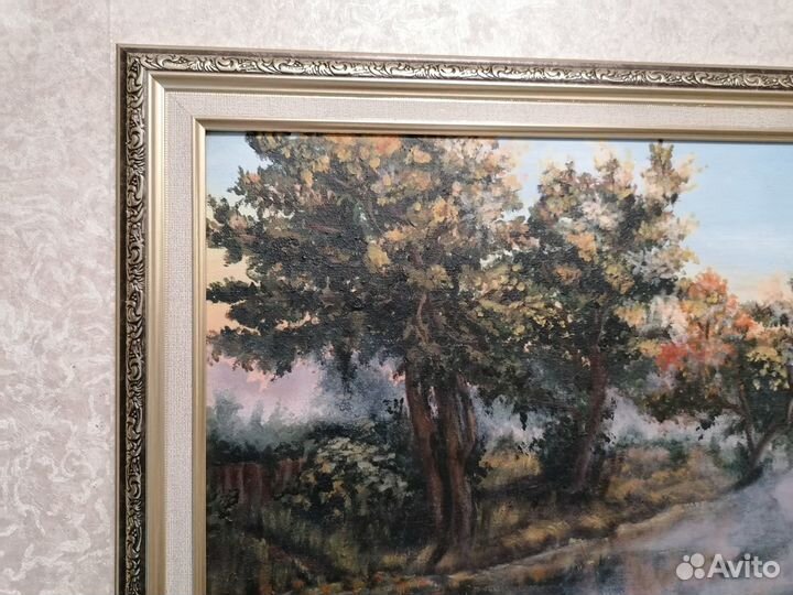 Картина новая в рамке. Сиреневый туман над рекой