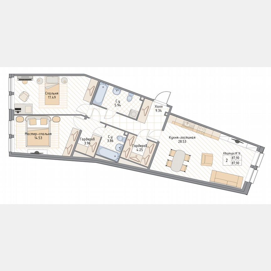 2-к. квартира, 87,9 м², 3/9 эт.